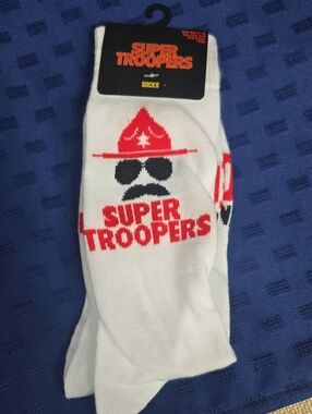 White Crew Socks with Red "SUPER TROOPERS" on It
